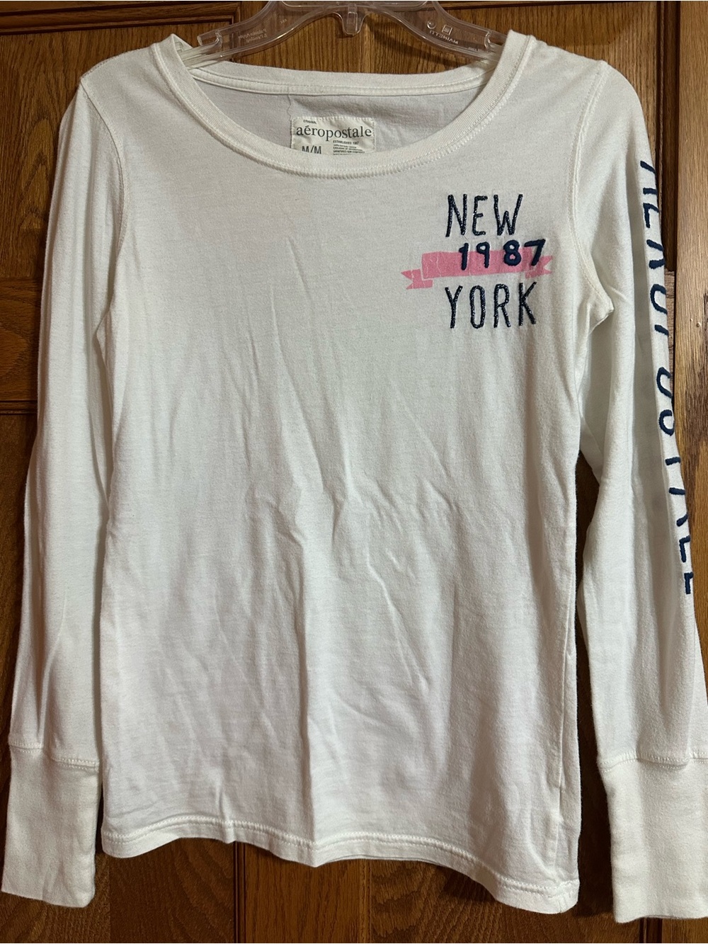 Aeropostale White Crewneck Long Sleeve with Pink & Navy Accents
